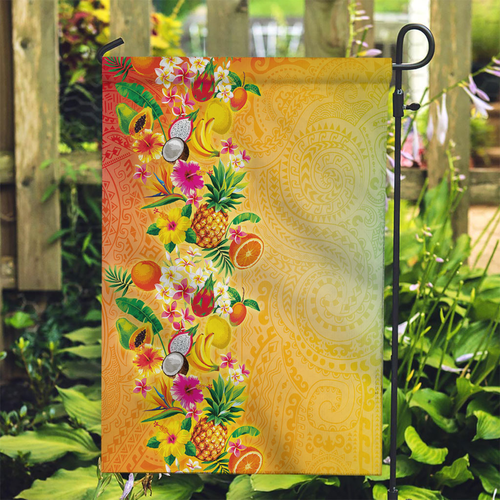 Hawaiian Tropical Fruits and Plants Garden Flag Kakau Pattern Summer Vibe