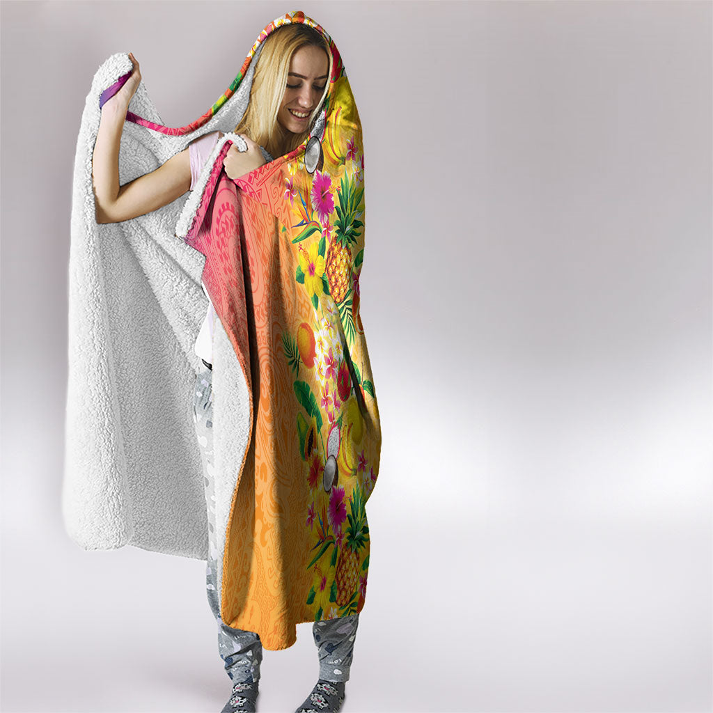 Hawaiian Tropical Fruits and Plants Hooded Blanket Kakau Pattern Summer Vibe