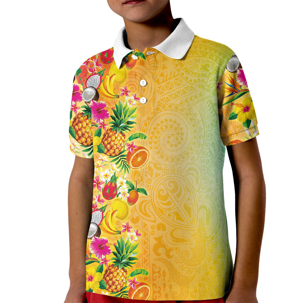 Hawaiian Tropical Fruits and Plants Kid Polo Shirt Kakau Pattern Summer Vibe