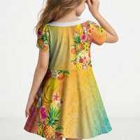Hawaiian Tropical Fruits and Plants Kid Short Sleeve Dress Kakau Pattern Summer Vibe