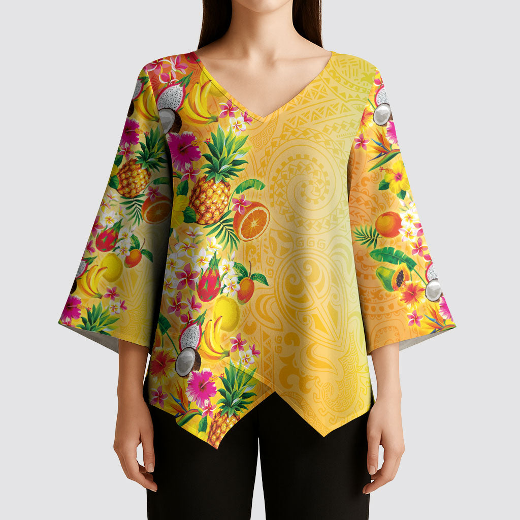 Hawaiian Tropical Fruits and Plants Kimono Sleeve Blouse Kakau Pattern Summer Vibe