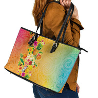 Hawaiian Tropical Fruits and Plants Leather Tote Bag Kakau Pattern Summer Vibe