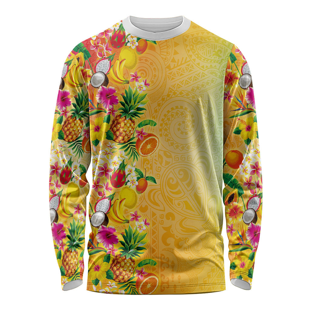 Hawaiian Tropical Fruits and Plants Long Sleeve Shirt Kakau Pattern Summer Vibe LT03 Unisex Multicolor - Polynesian Pride