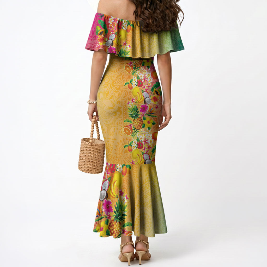 Hawaiian Tropical Fruits and Plants Mermaid Dress Kakau Pattern Summer Vibe