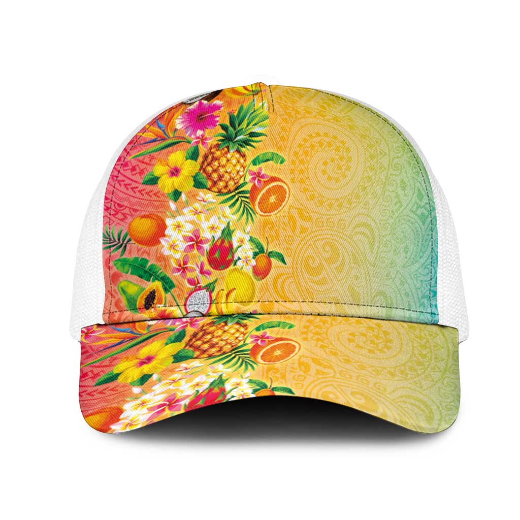 Hawaiian Tropical Fruits and Plants Mesh Trucker Cap Kakau Pattern Summer Vibe LT03 One Size White Multicolor - Polynesian Pride