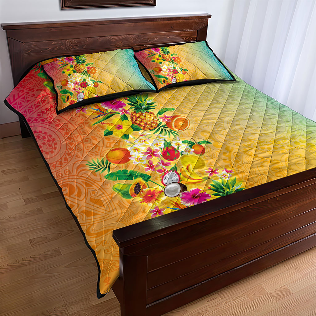 Hawaiian Tropical Fruits and Plants Quilt Bed Set Kakau Pattern Summer Vibe