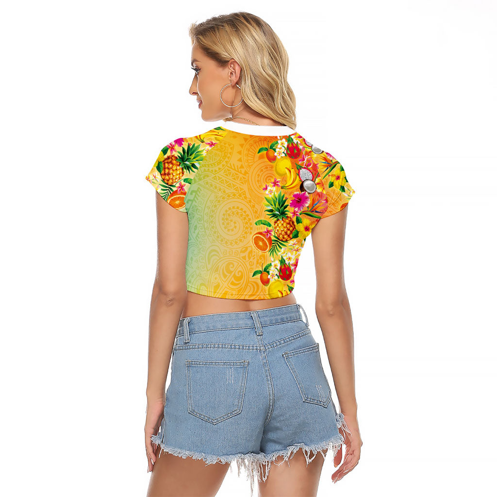 Hawaiian Tropical Fruits and Plants Raglan Cropped T Shirt Kakau Pattern Summer Vibe