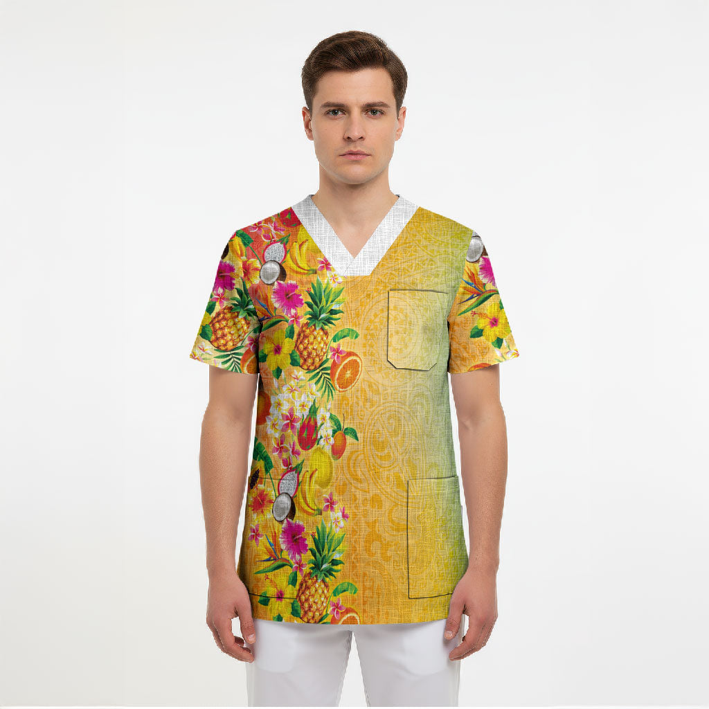 Hawaiian Tropical Fruits and Plants Scrub Top Kakau Pattern Summer Vibe
