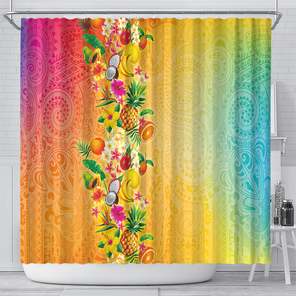 Hawaiian Tropical Fruits and Plants Shower Curtain Kakau Pattern Summer Vibe