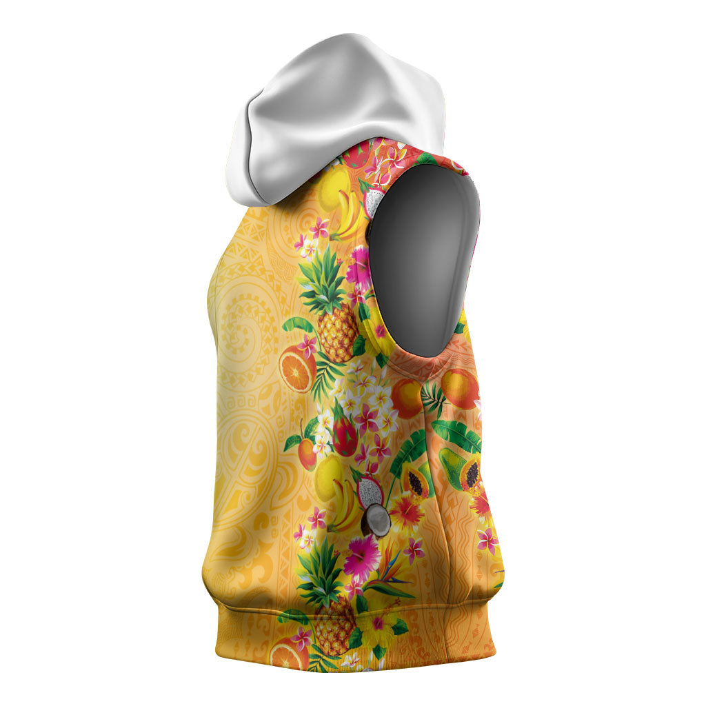 Hawaiian Tropical Fruits and Plants Sleeveless Hoodie Kakau Pattern Summer Vibe
