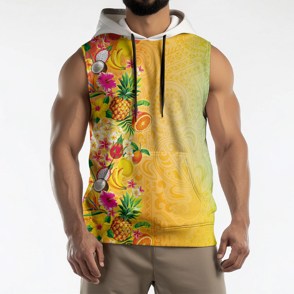Hawaiian Tropical Fruits and Plants Sleeveless Hoodie Kakau Pattern Summer Vibe