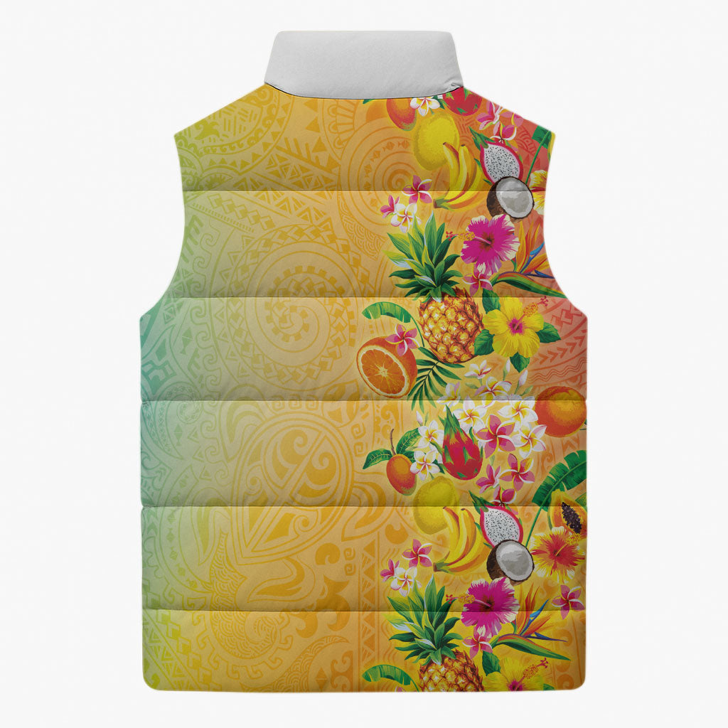 Hawaiian Tropical Fruits and Plants Sleeveless Puffer Jacket Kakau Pattern Summer Vibe