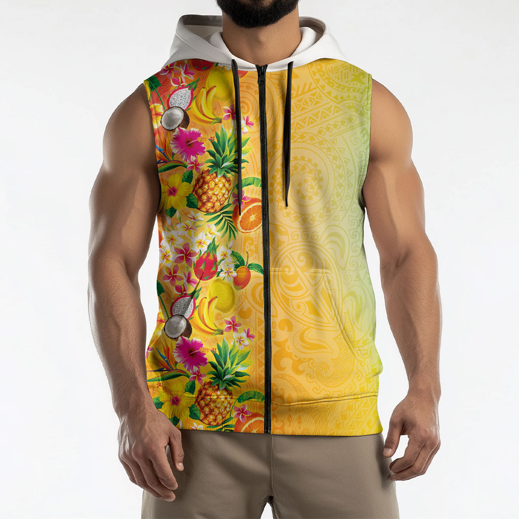 Hawaiian Tropical Fruits and Plants Sleeveless Zip Hoodie Kakau Pattern Summer Vibe