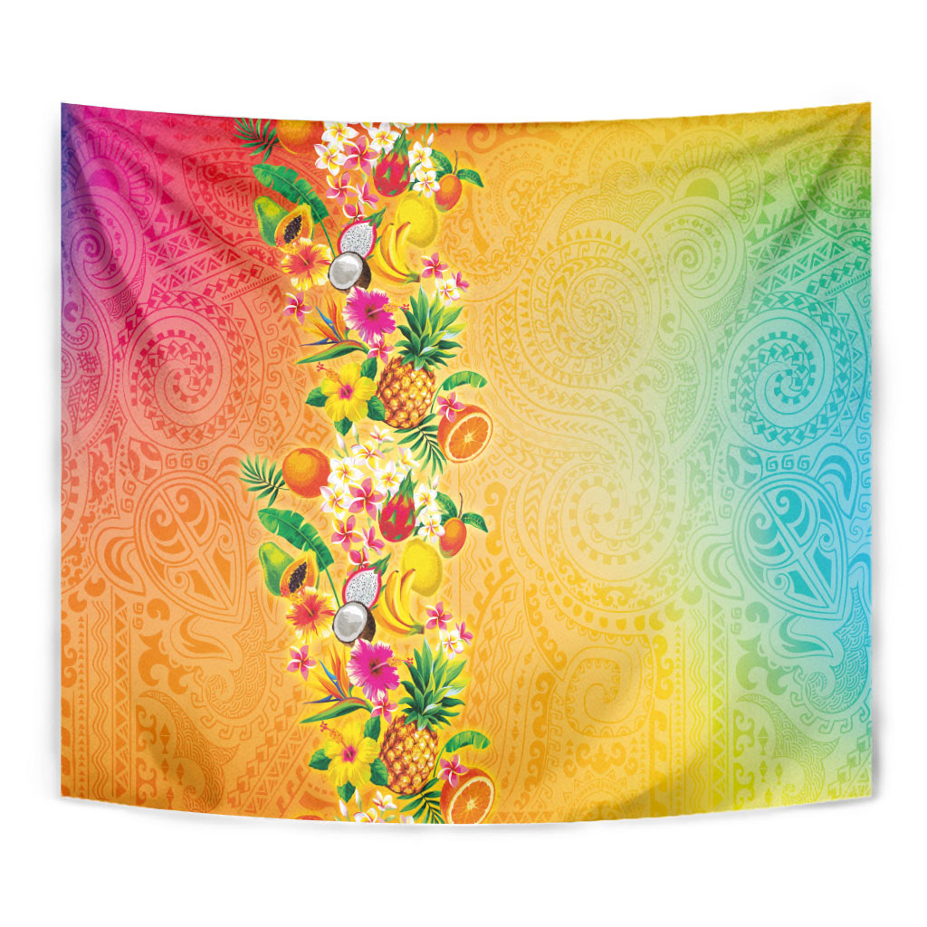 Hawaiian Tropical Fruits and Plants Tapestry Kakau Pattern Summer Vibe