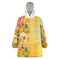 Hawaiian Tropical Fruits and Plants Wearable Blanket Hoodie Kakau Pattern Summer Vibe