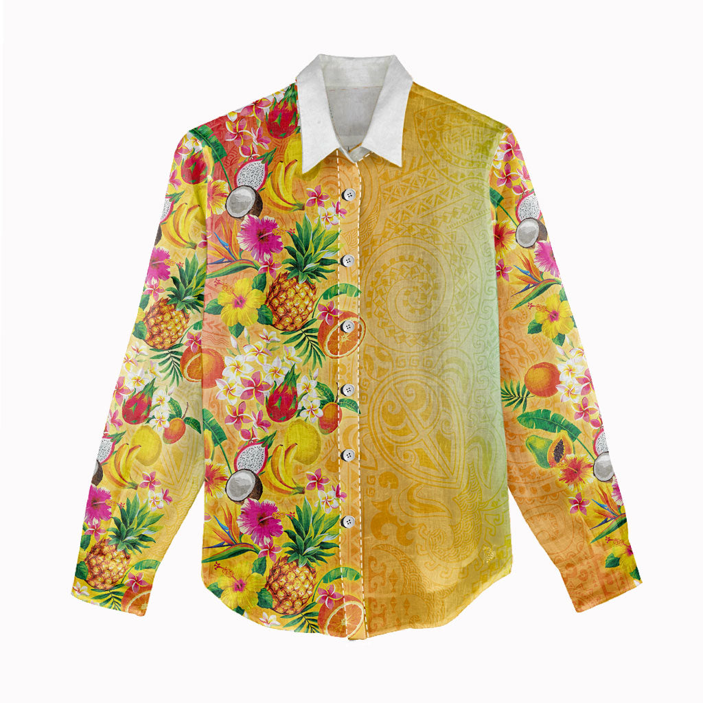 Hawaiian Tropical Fruits and Plants Women Casual Shirt Kakau Pattern Summer Vibe