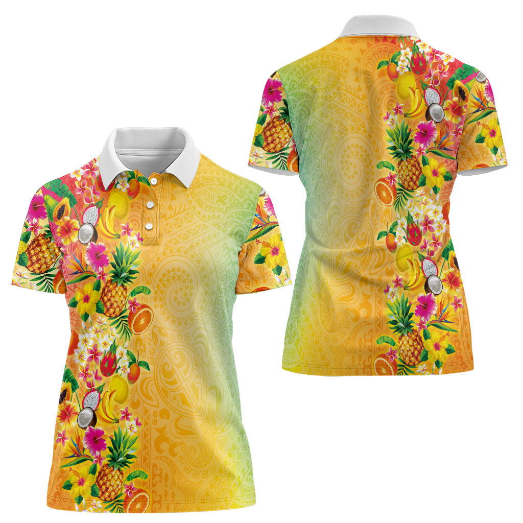 Hawaiian Tropical Fruits and Plants Women Polo Shirt Kakau Pattern Summer Vibe