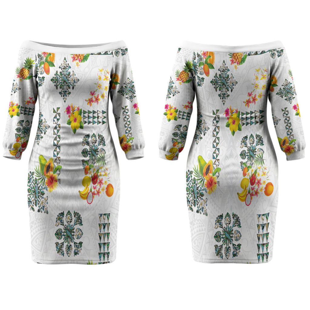 Hawaiian Quilts Couples Matching Off The Shoulder Long Sleeve Dress and Hawaiian Shirt Tropical Fruits and Plants