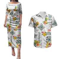 Hawaiian Quilts Couples Matching Puletasi and Hawaiian Shirt Tropical Fruits and Plants
