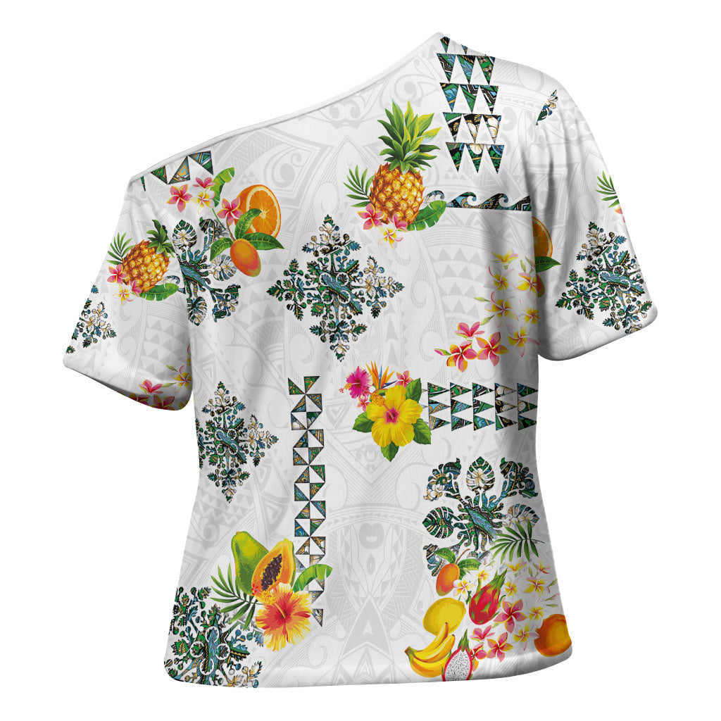 Hawaiian Quilts Cross Shoulder Shirt Tropical Fruits and Plants