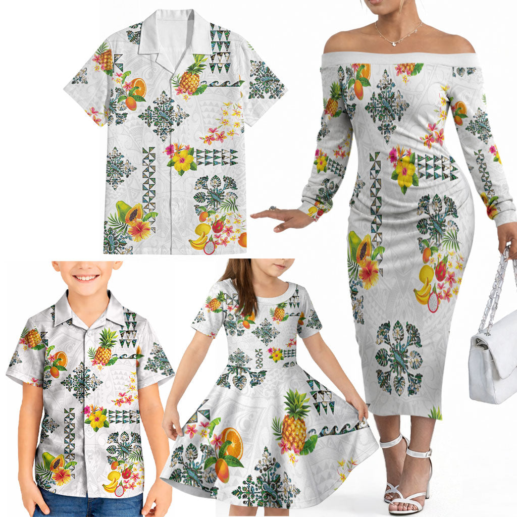 Hawaiian Quilts Family Matching Off The Shoulder Long Sleeve Dress and Hawaiian Shirt Tropical Fruits and Plants LT03 - Polynesian Pride