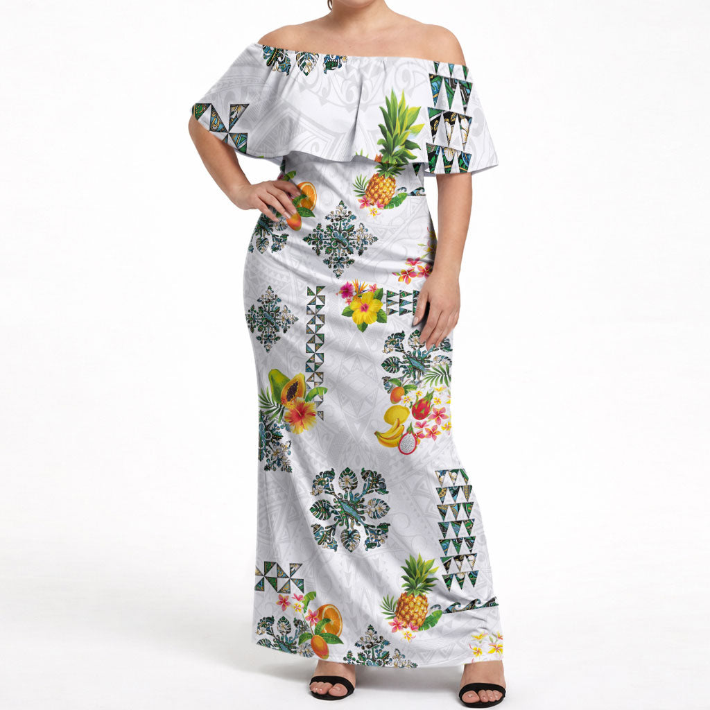 Hawaiian Quilts Off Shoulder Maxi Dress Tropical Fruits and Plants LT03 Women White - Polynesian Pride