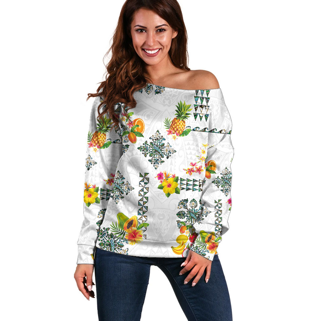 Hawaiian Quilts Off Shoulder Sweater Tropical Fruits and Plants LT03 Women White - Polynesian Pride