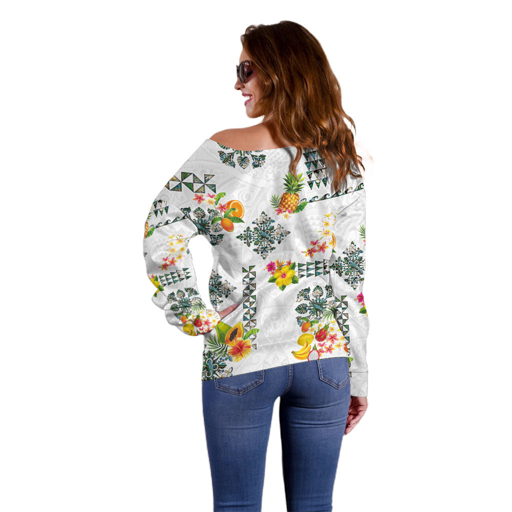 Hawaiian Quilts Off Shoulder Sweater Tropical Fruits and Plants
