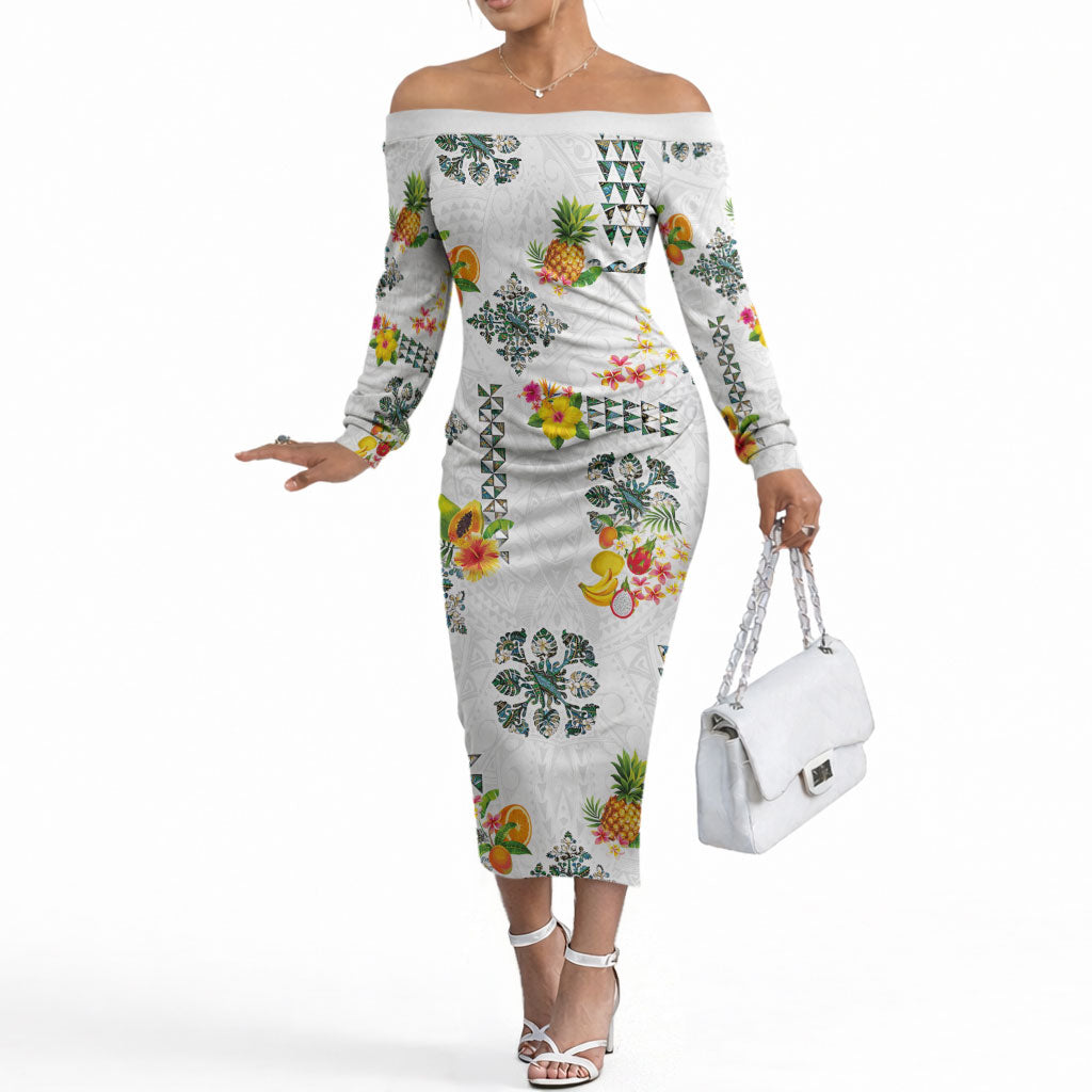Hawaiian Quilts Off The Shoulder Long Sleeve Dress Tropical Fruits and Plants