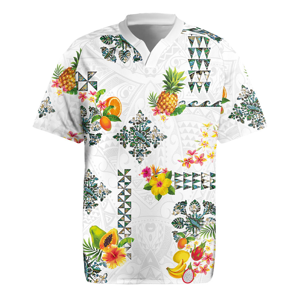 Hawaiian Quilts Rugby Jersey Tropical Fruits and Plants LT03 White - Polynesian Pride