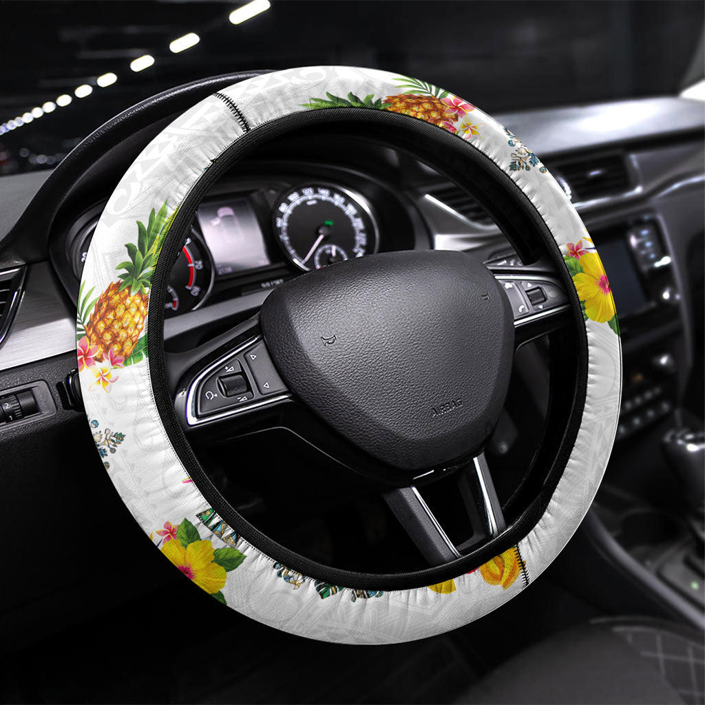 Hawaiian Quilts Steering Wheel Cover Tropical Fruits and Plants LT03 Universal Fit White - Polynesian Pride