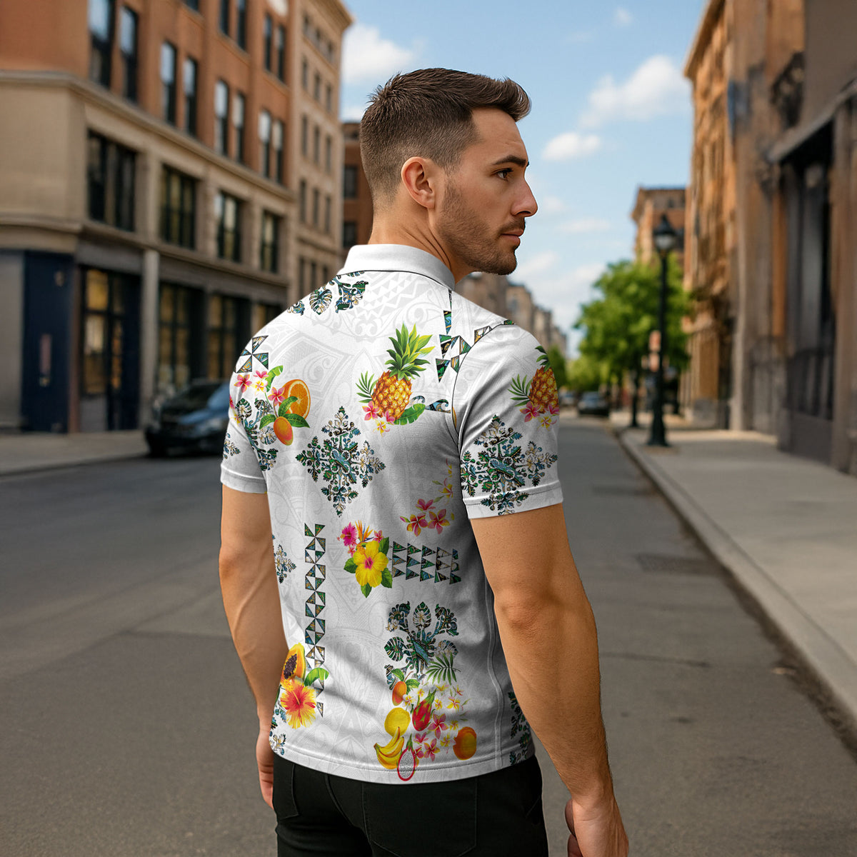 Hawaiian Quilts Zipper Polo Shirt Tropical Fruits and Plants