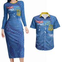 Tuvalu Heritage Couples Matching Long Sleeve Bodycon Dress and Hawaiian Shirt Map of the Islands and Polynesia Pattern