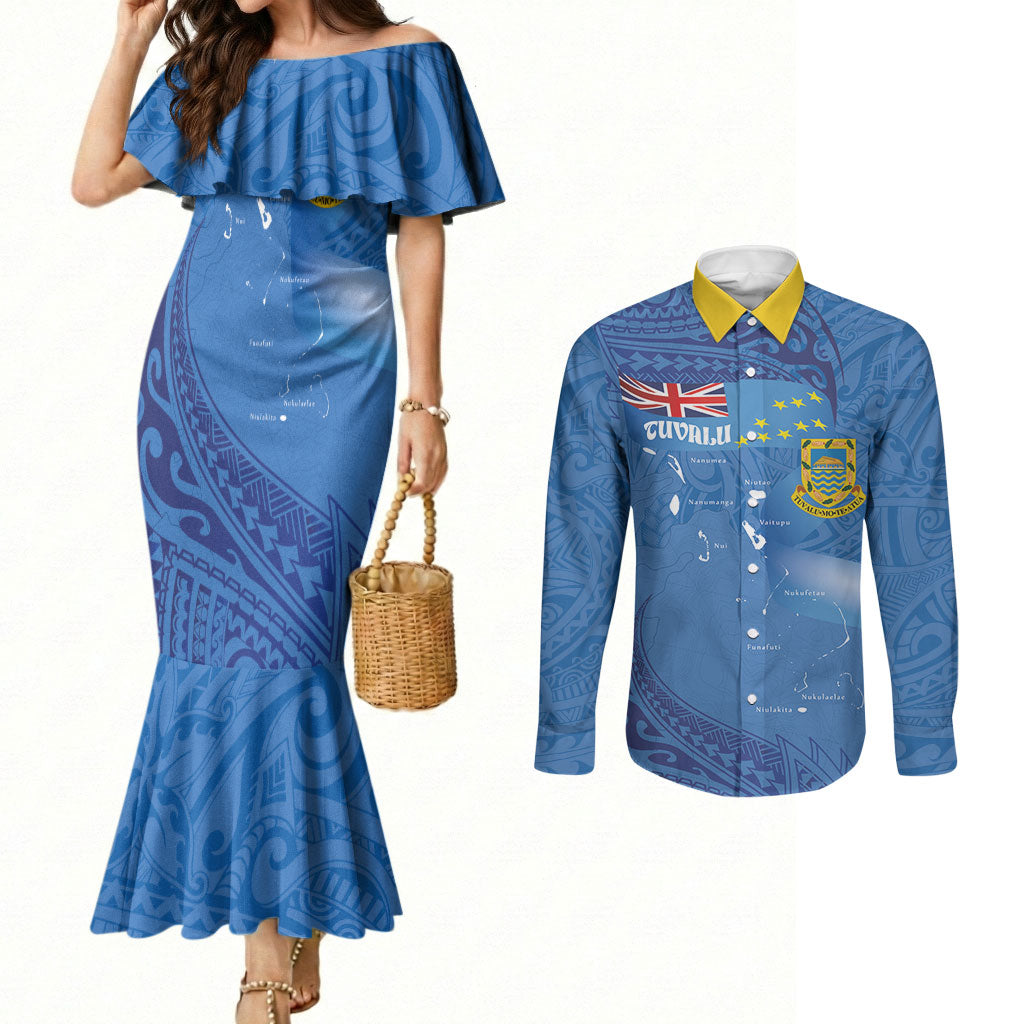 Tuvalu Heritage Couples Matching Mermaid Dress and Long Sleeve Button Shirt Map of the Islands and Polynesia Pattern