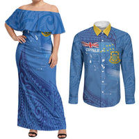 Tuvalu Heritage Couples Matching Off Shoulder Maxi Dress and Long Sleeve Button Shirt Map of the Islands and Polynesia Pattern