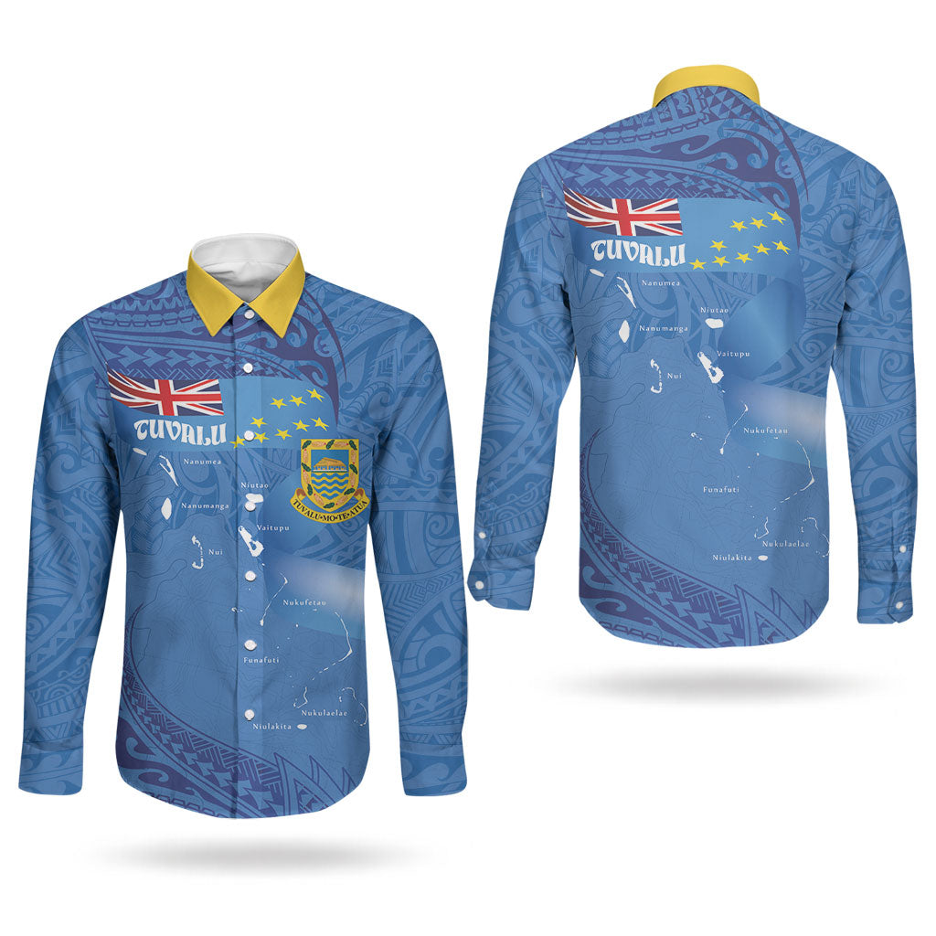 Tuvalu Heritage Couples Matching Off Shoulder Maxi Dress and Long Sleeve Button Shirt Map of the Islands and Polynesia Pattern