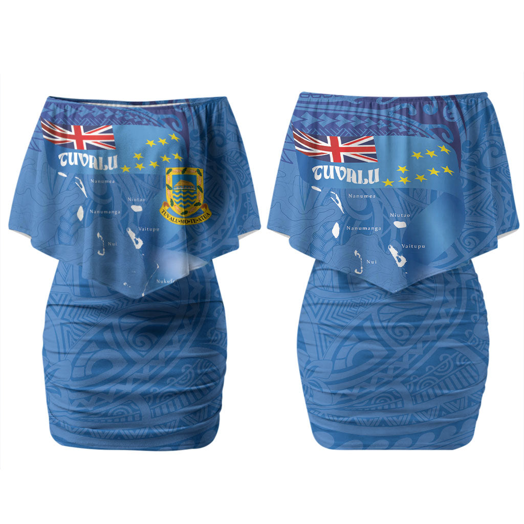 Tuvalu Heritage Couples Matching Off Shoulder Short Dress and Hawaiian Shirt Map of the Islands and Polynesia Pattern