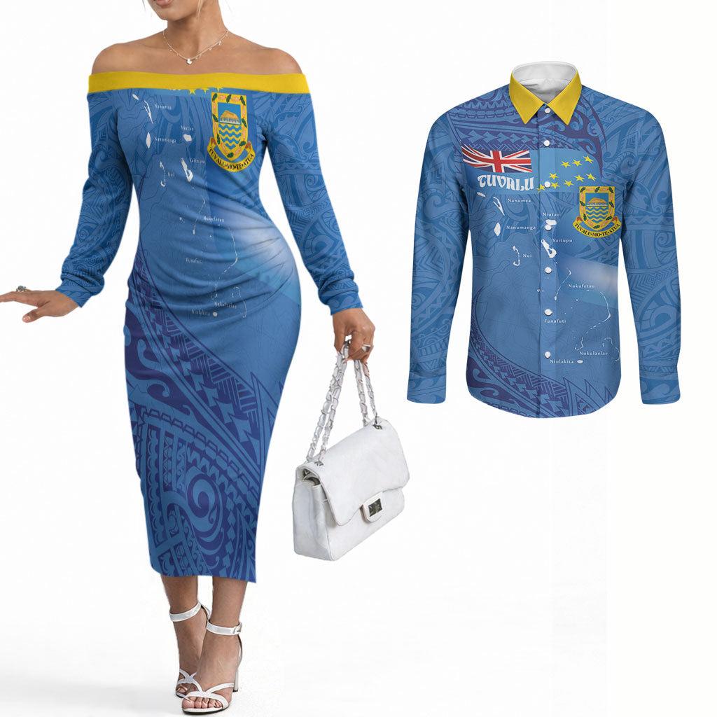 Tuvalu Heritage Couples Matching Off The Shoulder Long Sleeve Dress and Long Sleeve Button Shirt Map of the Islands and Polynesia Pattern LT03 Blue - Polynesian Pride