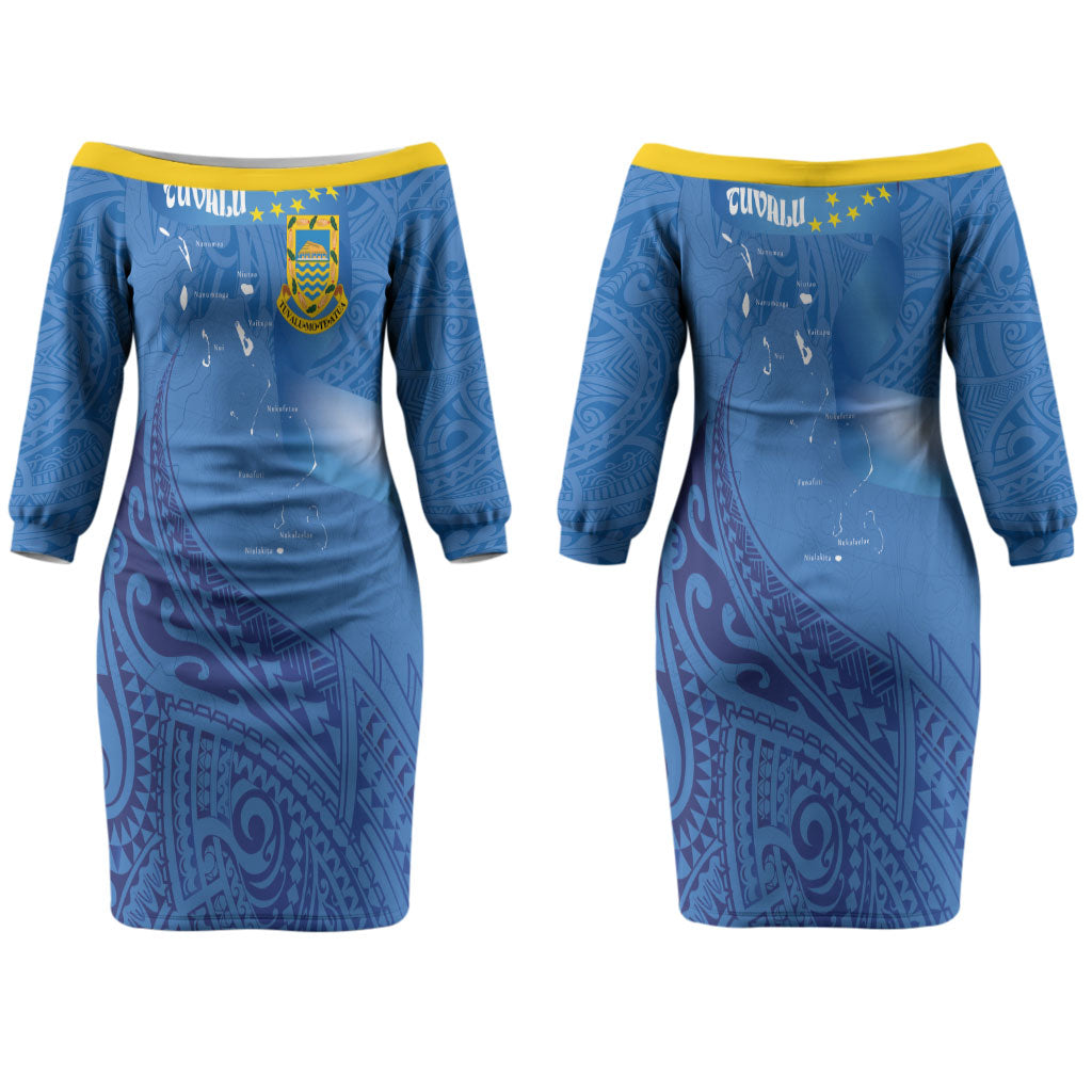 Tuvalu Heritage Couples Matching Off The Shoulder Long Sleeve Dress and Long Sleeve Button Shirt Map of the Islands and Polynesia Pattern