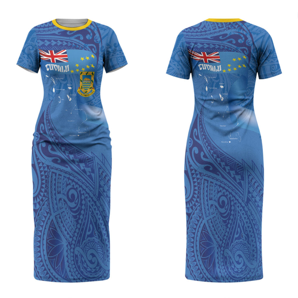 Tuvalu Heritage Couples Matching Short Sleeve Bodycon Dress and Hawaiian Shirt Map of the Islands and Polynesia Pattern