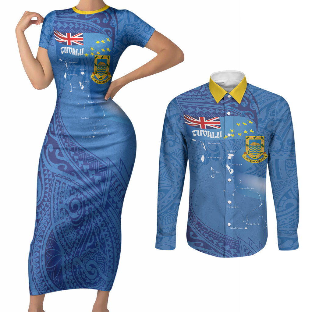 Tuvalu Heritage Couples Matching Short Sleeve Bodycon Dress and Long Sleeve Button Shirt Map of the Islands and Polynesia Pattern LT03 Blue - Polynesian Pride