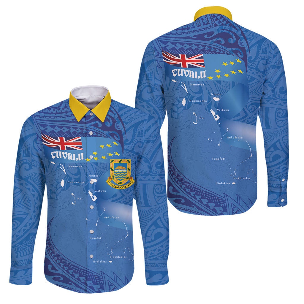 Tuvalu Heritage Family Matching Off The Shoulder Long Sleeve Dress and Hawaiian Shirt Map of the Islands and Polynesia Pattern