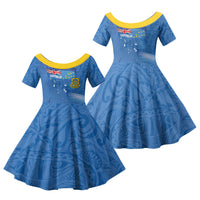Tuvalu Heritage Family Matching Off Shoulder Short Dress and Hawaiian Shirt Map of the Islands and Polynesia Pattern