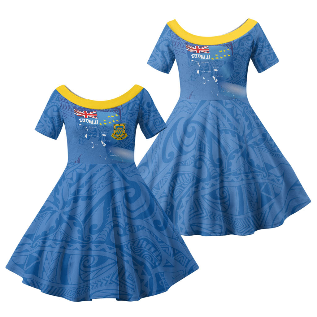 Tuvalu Heritage Family Matching Summer Maxi Dress and Hawaiian Shirt Map of the Islands and Polynesia Pattern
