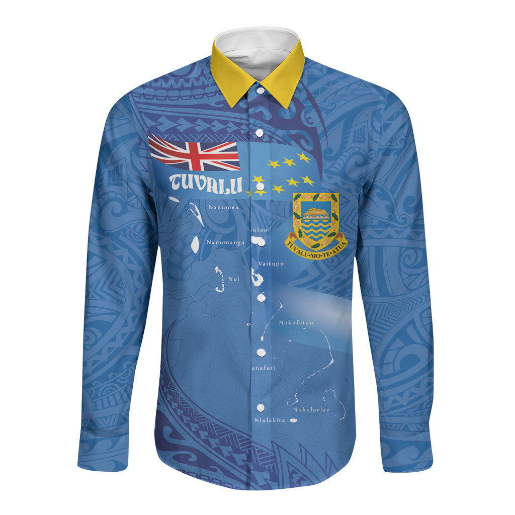 Tuvalu Heritage Long Sleeve Button Shirt Map of the Islands and Polynesia Pattern LT03 Unisex Blue - Polynesian Pride