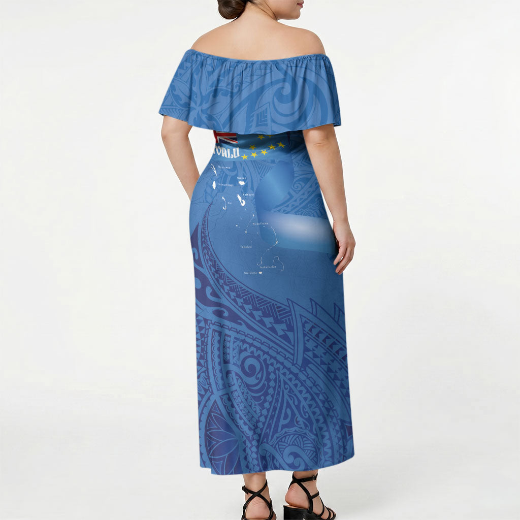 Tuvalu Heritage Off Shoulder Maxi Dress Map of the Islands and Polynesia Pattern