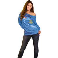 Tuvalu Heritage Off Shoulder Sweater Map of the Islands and Polynesia Pattern