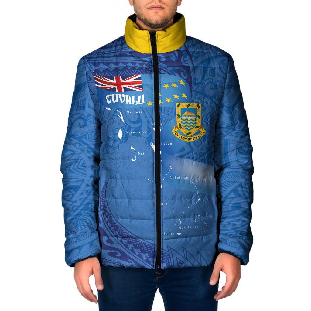 Tuvalu Heritage Padded Jacket Map of the Islands and Polynesia Pattern LT03 Men Blue - Polynesian Pride