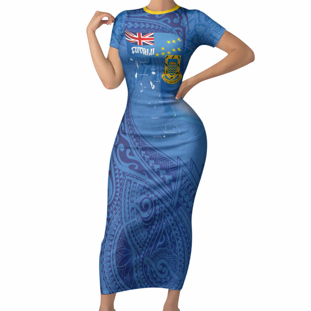 Tuvalu Heritage Short Sleeve Bodycon Dress Map of the Islands and Polynesia Pattern
