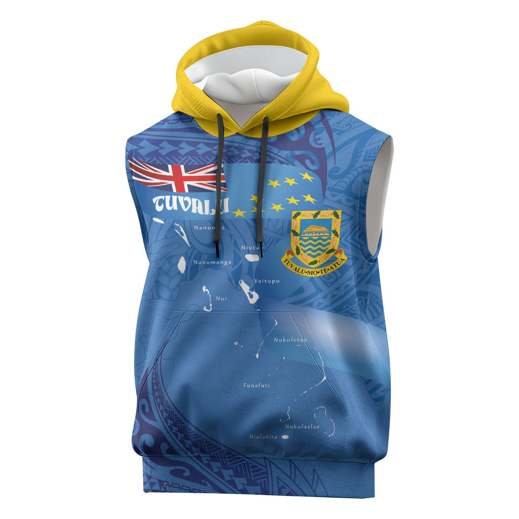 Tuvalu Heritage Sleeveless Hoodie Map of the Islands and Polynesia Pattern